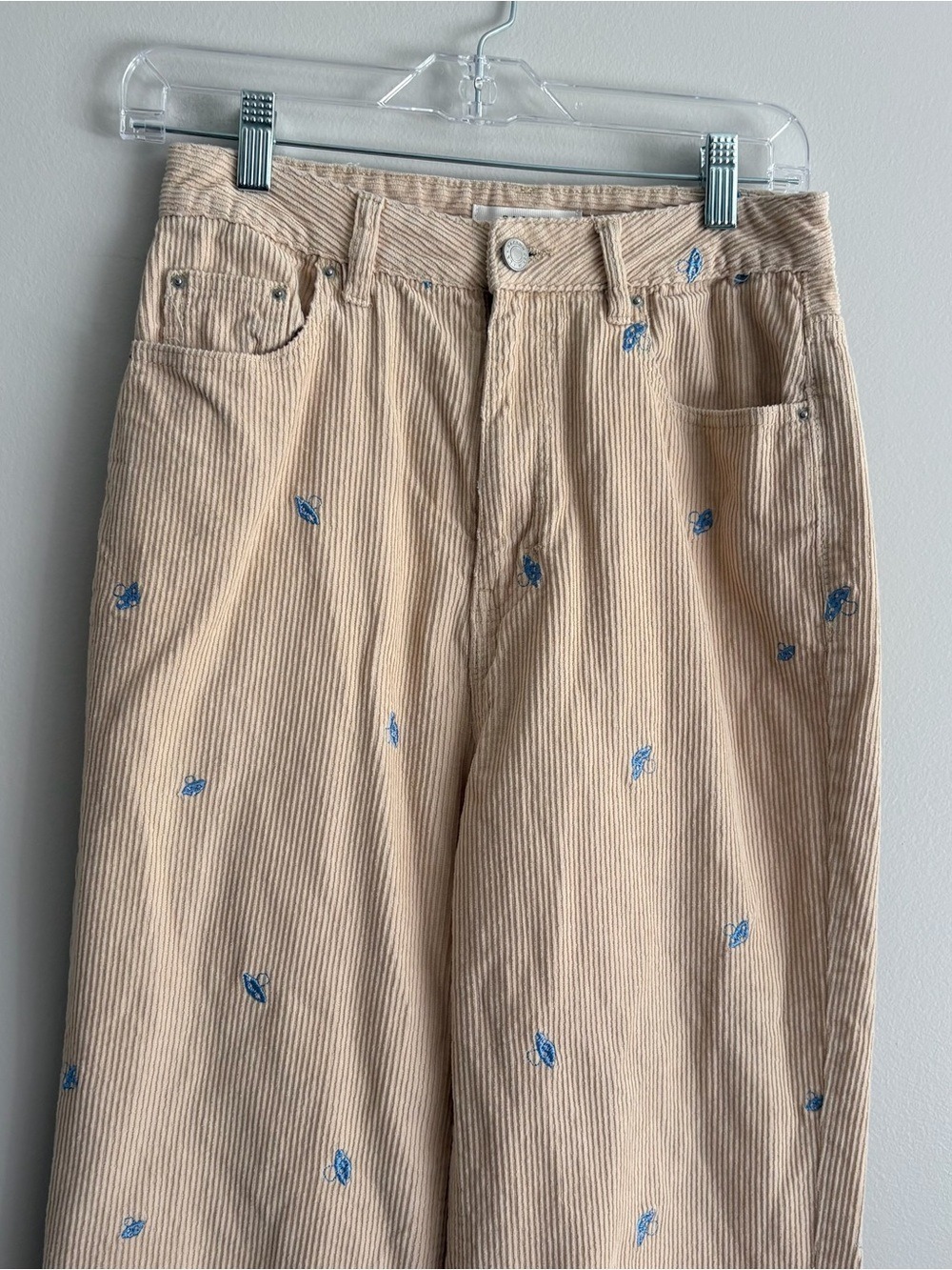 PacSun 90’s Boyfriend Straight-Leg Corduroy Pants with Blue Embroidery Mushrooms - Picture 2 of 6